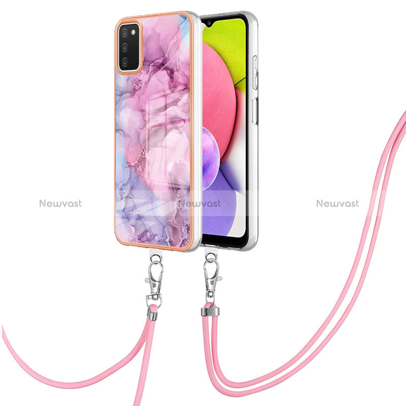 Silicone Candy Rubber Gel Fashionable Pattern Soft Case Cover with Lanyard Strap YB7 for Samsung Galaxy A02s Clove Purple