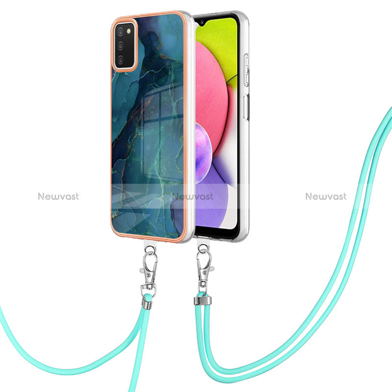 Silicone Candy Rubber Gel Fashionable Pattern Soft Case Cover with Lanyard Strap YB7 for Samsung Galaxy A03s Green