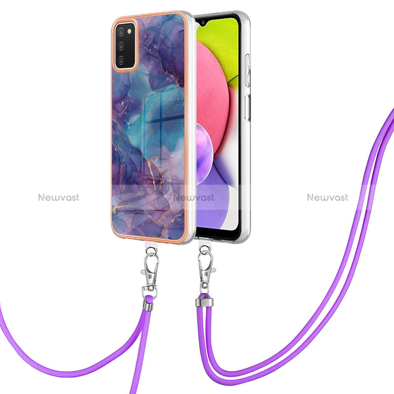 Silicone Candy Rubber Gel Fashionable Pattern Soft Case Cover with Lanyard Strap YB7 for Samsung Galaxy A03s Purple