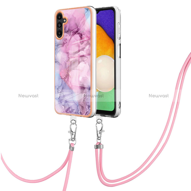 Silicone Candy Rubber Gel Fashionable Pattern Soft Case Cover with Lanyard Strap YB7 for Samsung Galaxy A04s Clove Purple