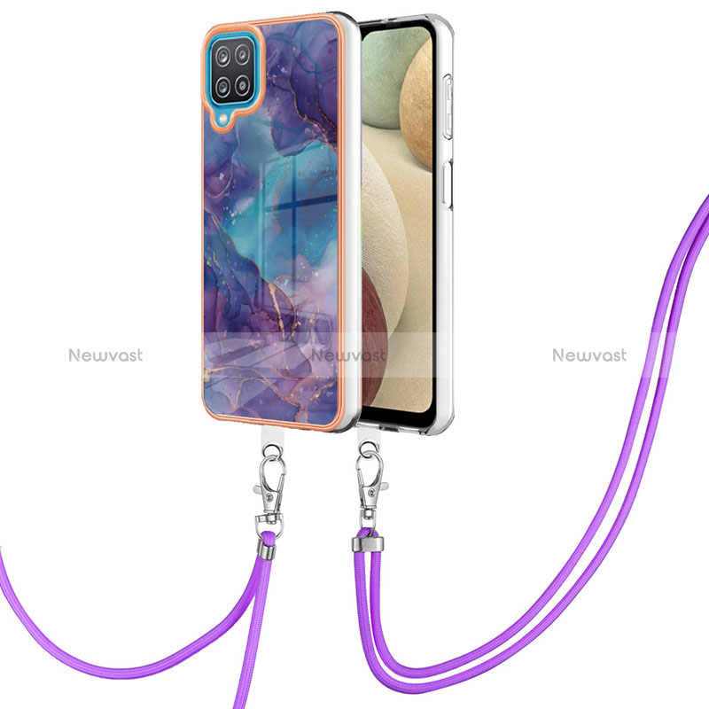 Silicone Candy Rubber Gel Fashionable Pattern Soft Case Cover with Lanyard Strap YB7 for Samsung Galaxy A12 5G Purple