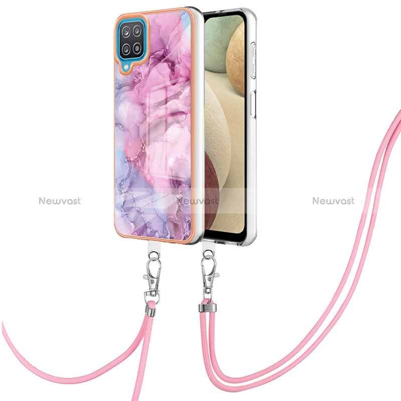 Silicone Candy Rubber Gel Fashionable Pattern Soft Case Cover with Lanyard Strap YB7 for Samsung Galaxy A12 Nacho Clove Purple