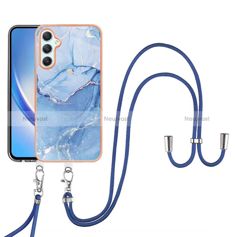 Silicone Candy Rubber Gel Fashionable Pattern Soft Case Cover with Lanyard Strap YB7 for Samsung Galaxy A24 4G Blue