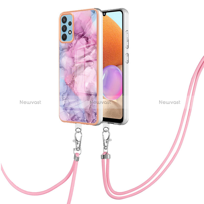 Silicone Candy Rubber Gel Fashionable Pattern Soft Case Cover with Lanyard Strap YB7 for Samsung Galaxy A32 4G Clove Purple