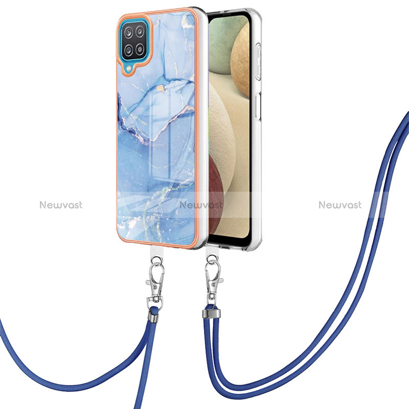 Silicone Candy Rubber Gel Fashionable Pattern Soft Case Cover with Lanyard Strap YB7 for Samsung Galaxy M12 Blue