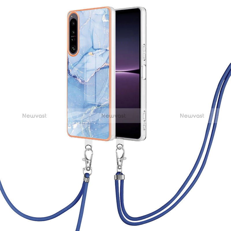 Silicone Candy Rubber Gel Fashionable Pattern Soft Case Cover with Lanyard Strap YB7 for Sony Xperia 1 IV Blue