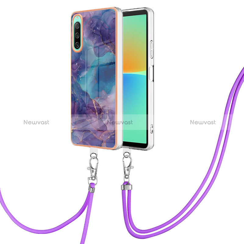 Silicone Candy Rubber Gel Fashionable Pattern Soft Case Cover with Lanyard Strap YB7 for Sony Xperia 10 IV Purple