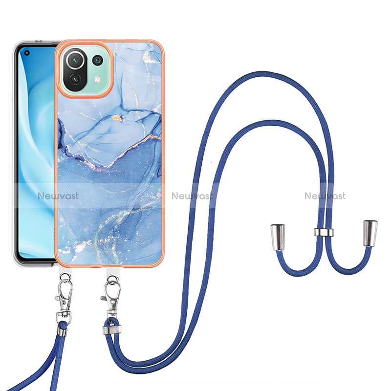 Silicone Candy Rubber Gel Fashionable Pattern Soft Case Cover with Lanyard Strap YB7 for Xiaomi Mi 11 Lite 4G Blue