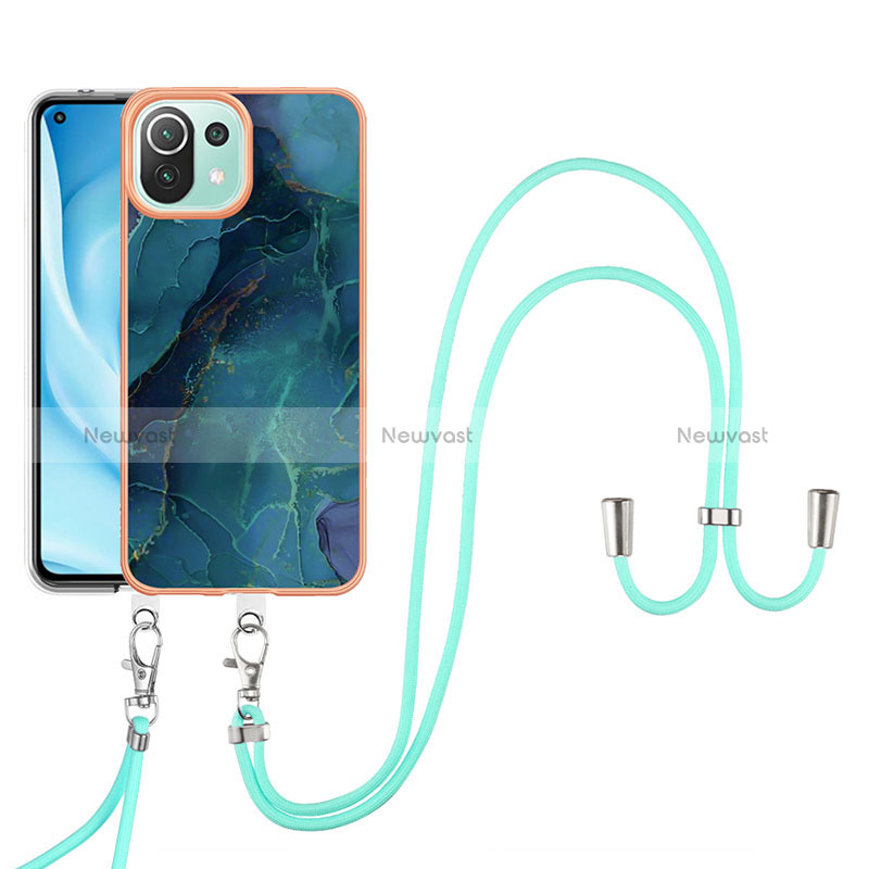 Silicone Candy Rubber Gel Fashionable Pattern Soft Case Cover with Lanyard Strap YB7 for Xiaomi Mi 11 Lite 4G Green