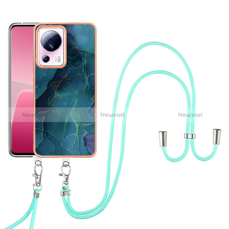 Silicone Candy Rubber Gel Fashionable Pattern Soft Case Cover with Lanyard Strap YB7 for Xiaomi Mi 13 Lite 5G Green