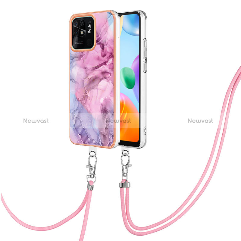 Silicone Candy Rubber Gel Fashionable Pattern Soft Case Cover with Lanyard Strap YB7 for Xiaomi Redmi 10 India Clove Purple