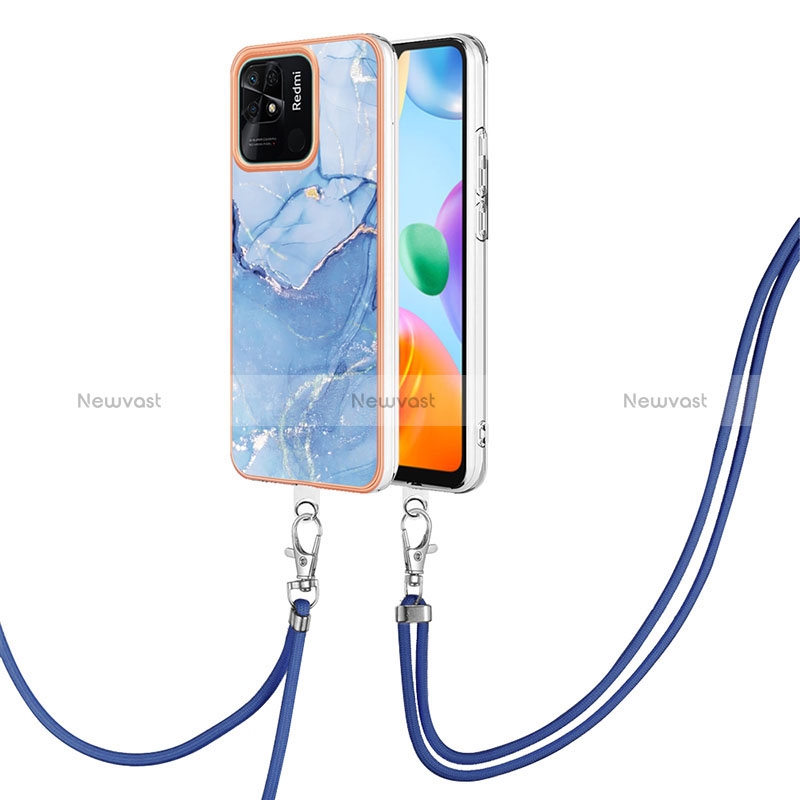 Silicone Candy Rubber Gel Fashionable Pattern Soft Case Cover with Lanyard Strap YB7 for Xiaomi Redmi 10 Power Blue