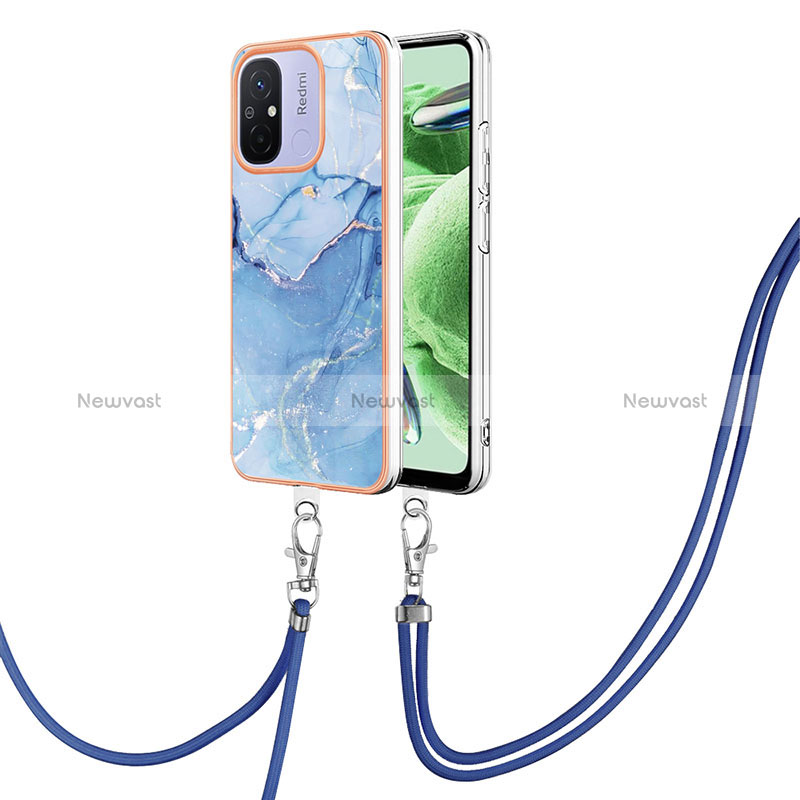 Silicone Candy Rubber Gel Fashionable Pattern Soft Case Cover with Lanyard Strap YB7 for Xiaomi Redmi 12C 4G Blue