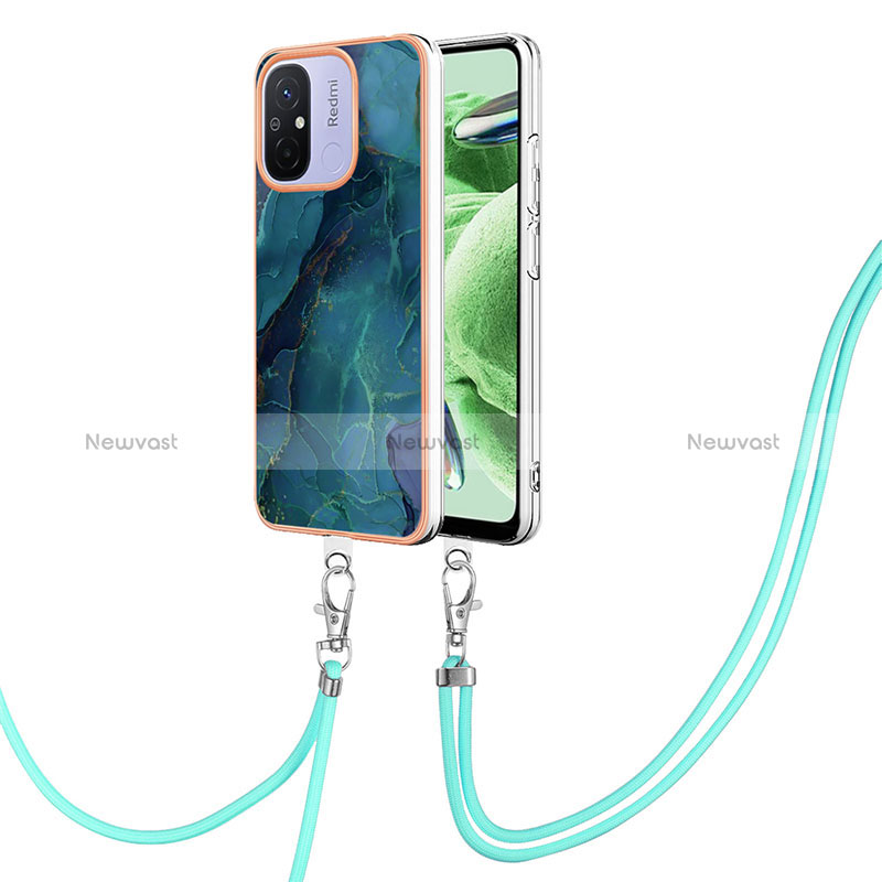 Silicone Candy Rubber Gel Fashionable Pattern Soft Case Cover with Lanyard Strap YB7 for Xiaomi Redmi 12C 4G Green