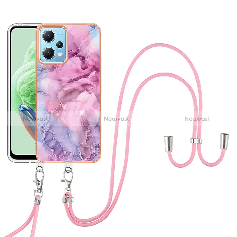 Silicone Candy Rubber Gel Fashionable Pattern Soft Case Cover with Lanyard Strap YB7 for Xiaomi Redmi Note 12 5G Clove Purple