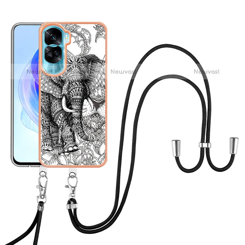 Silicone Candy Rubber Gel Fashionable Pattern Soft Case Cover with Lanyard Strap YB8 for Huawei Honor 90 Lite 5G Gray