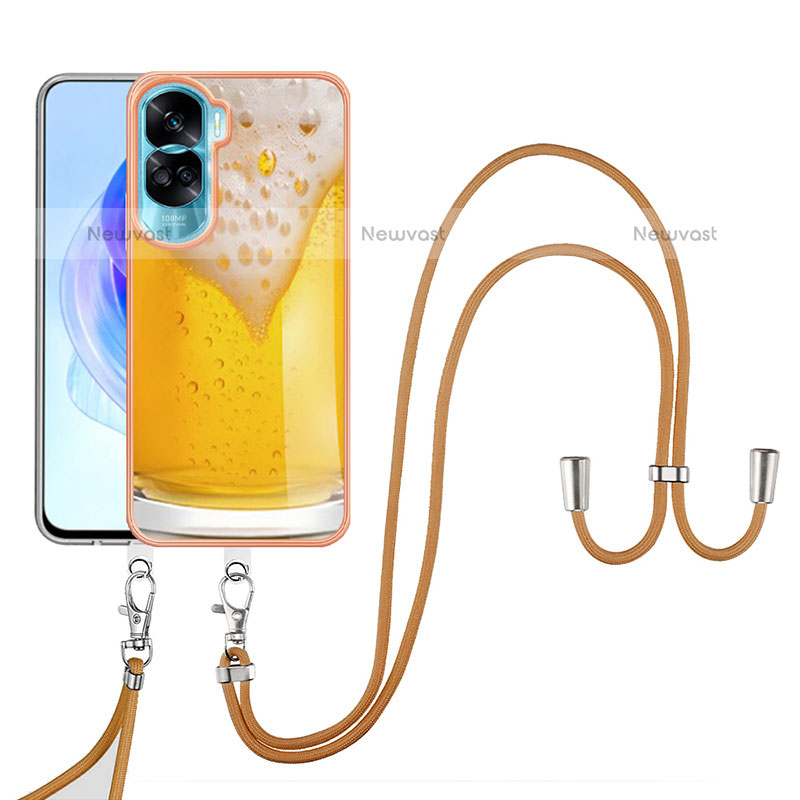 Silicone Candy Rubber Gel Fashionable Pattern Soft Case Cover with Lanyard Strap YB8 for Huawei Honor 90 Lite 5G Yellow