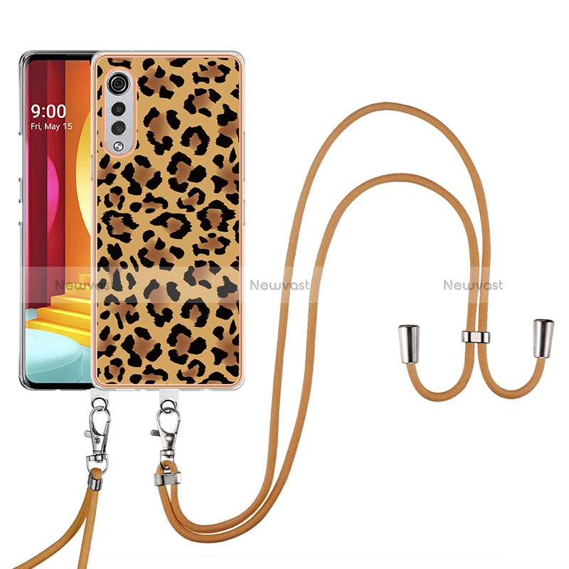 Silicone Candy Rubber Gel Fashionable Pattern Soft Case Cover with Lanyard Strap YB8 for LG Velvet 5G Brown