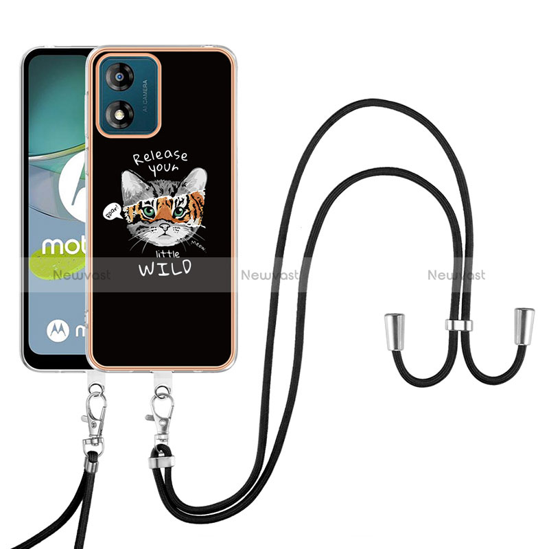 Silicone Candy Rubber Gel Fashionable Pattern Soft Case Cover with Lanyard Strap YB8 for Motorola Moto E13 Black