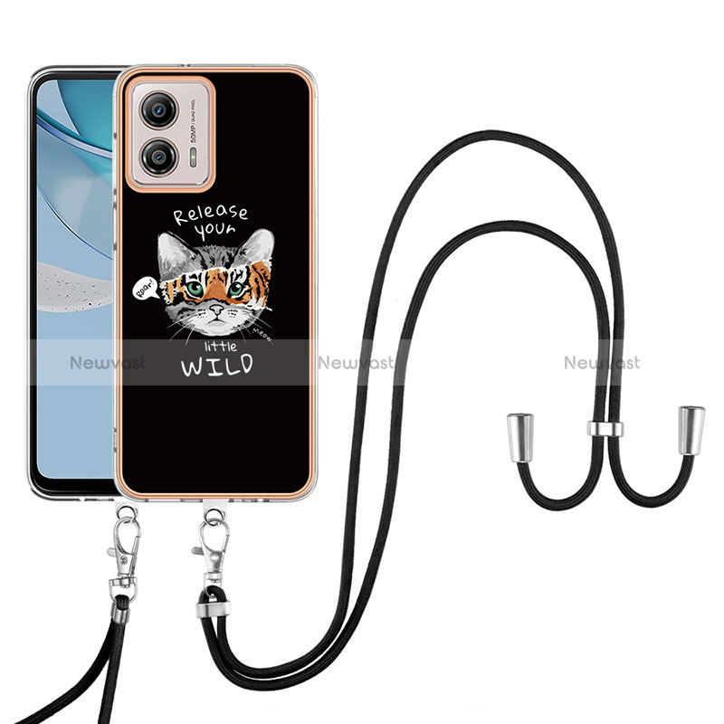 Silicone Candy Rubber Gel Fashionable Pattern Soft Case Cover with Lanyard Strap YB8 for Motorola Moto G53 5G Black