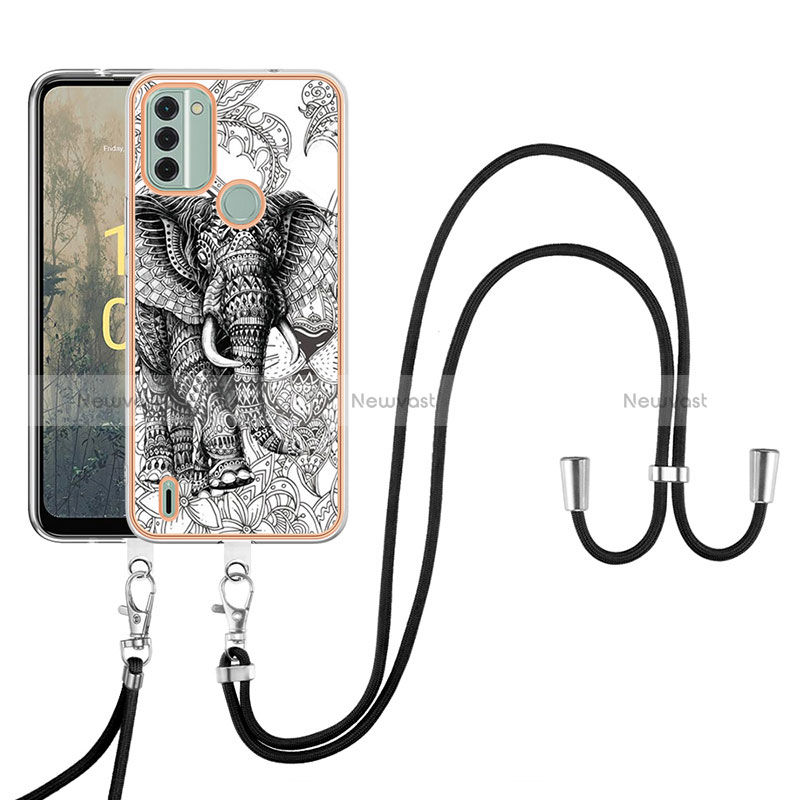 Silicone Candy Rubber Gel Fashionable Pattern Soft Case Cover with Lanyard Strap YB8 for Nokia C31 Gray