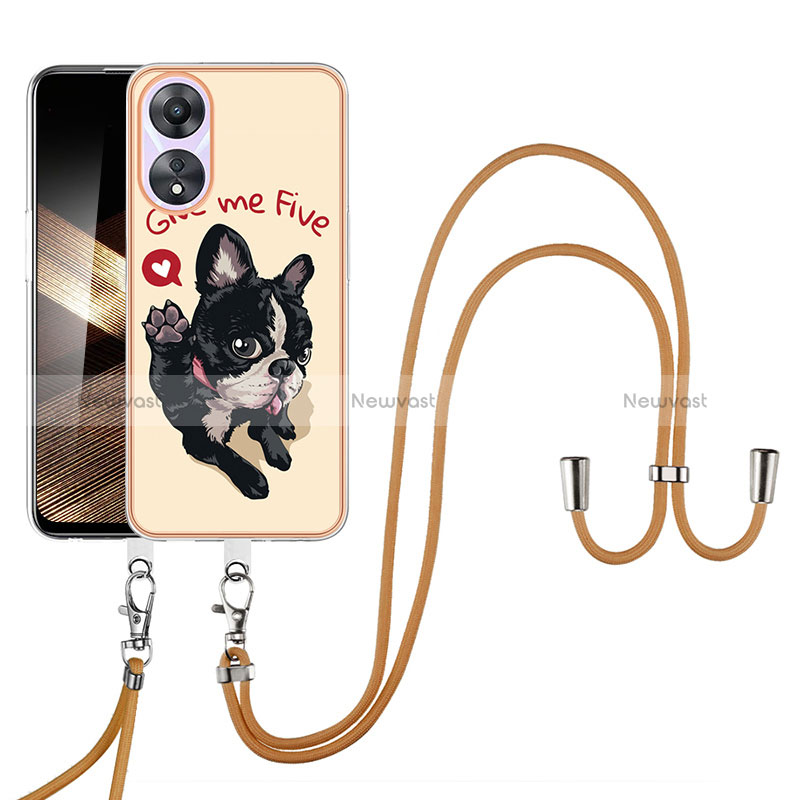 Silicone Candy Rubber Gel Fashionable Pattern Soft Case Cover with Lanyard Strap YB8 for Oppo A78 4G Khaki