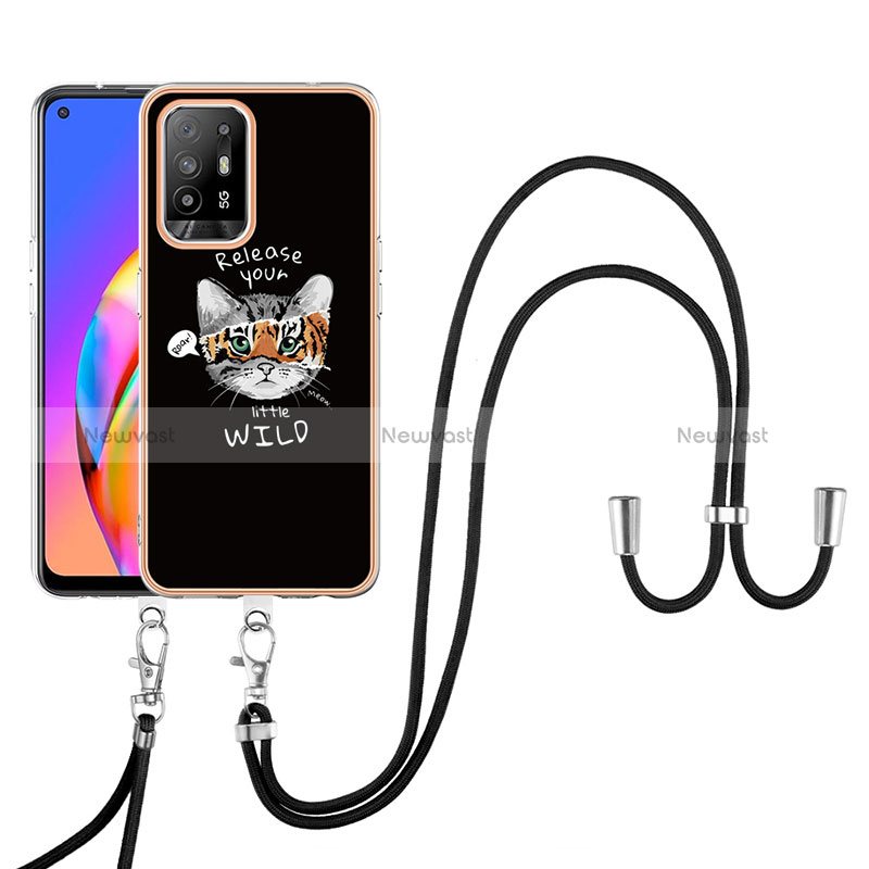 Silicone Candy Rubber Gel Fashionable Pattern Soft Case Cover with Lanyard Strap YB8 for Oppo A94 5G Black