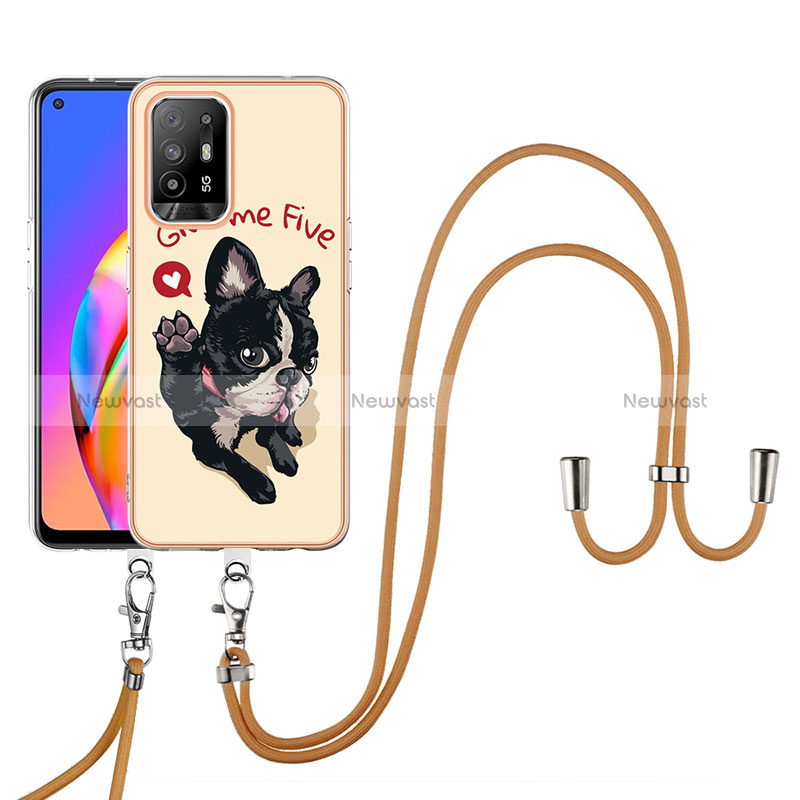 Silicone Candy Rubber Gel Fashionable Pattern Soft Case Cover with Lanyard Strap YB8 for Oppo A95 5G Khaki