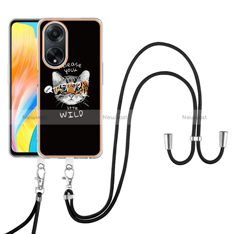 Silicone Candy Rubber Gel Fashionable Pattern Soft Case Cover with Lanyard Strap YB8 for Oppo A98 5G Black