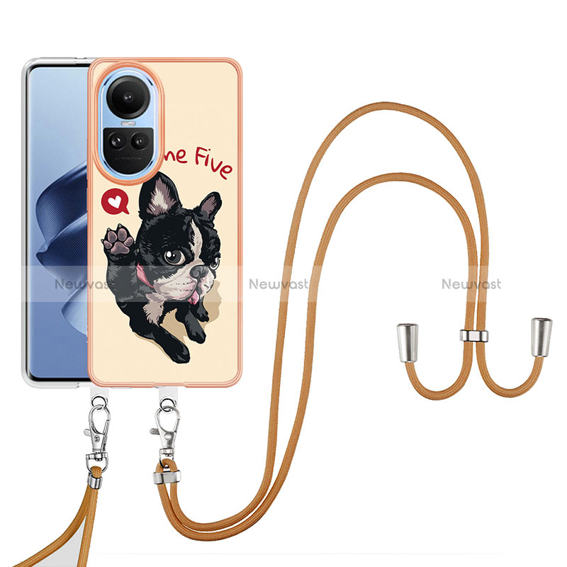 Silicone Candy Rubber Gel Fashionable Pattern Soft Case Cover with Lanyard Strap YB8 for Oppo Reno10 5G Khaki