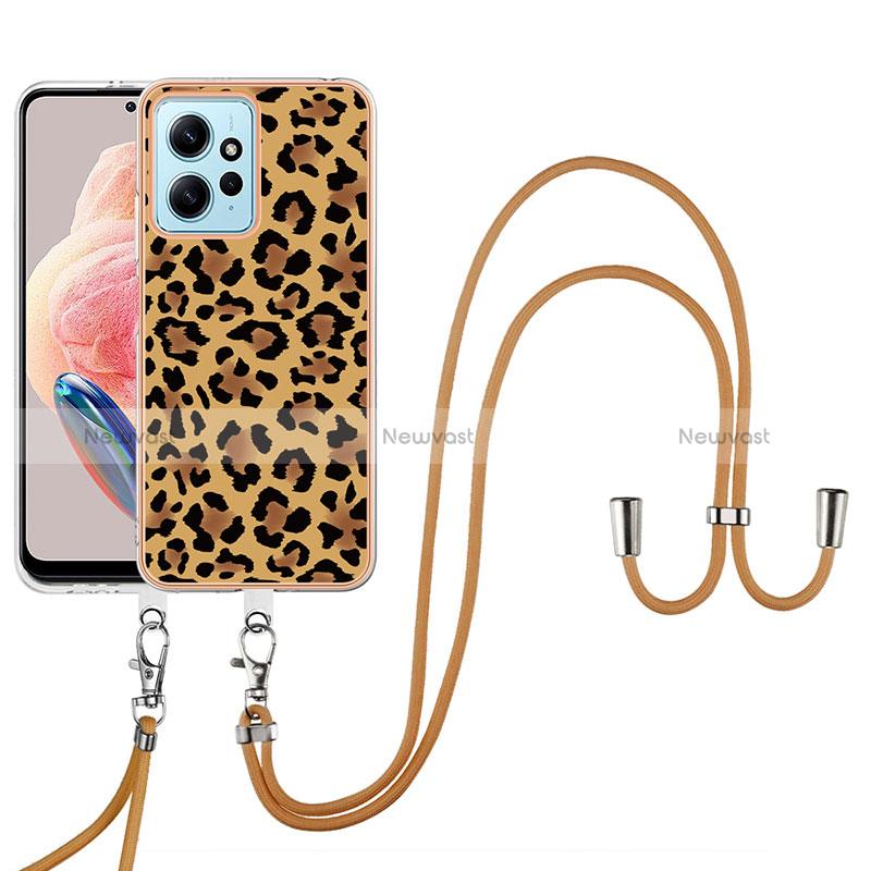 Silicone Candy Rubber Gel Fashionable Pattern Soft Case Cover with Lanyard Strap YB8 for Xiaomi Redmi Note 12 4G Brown