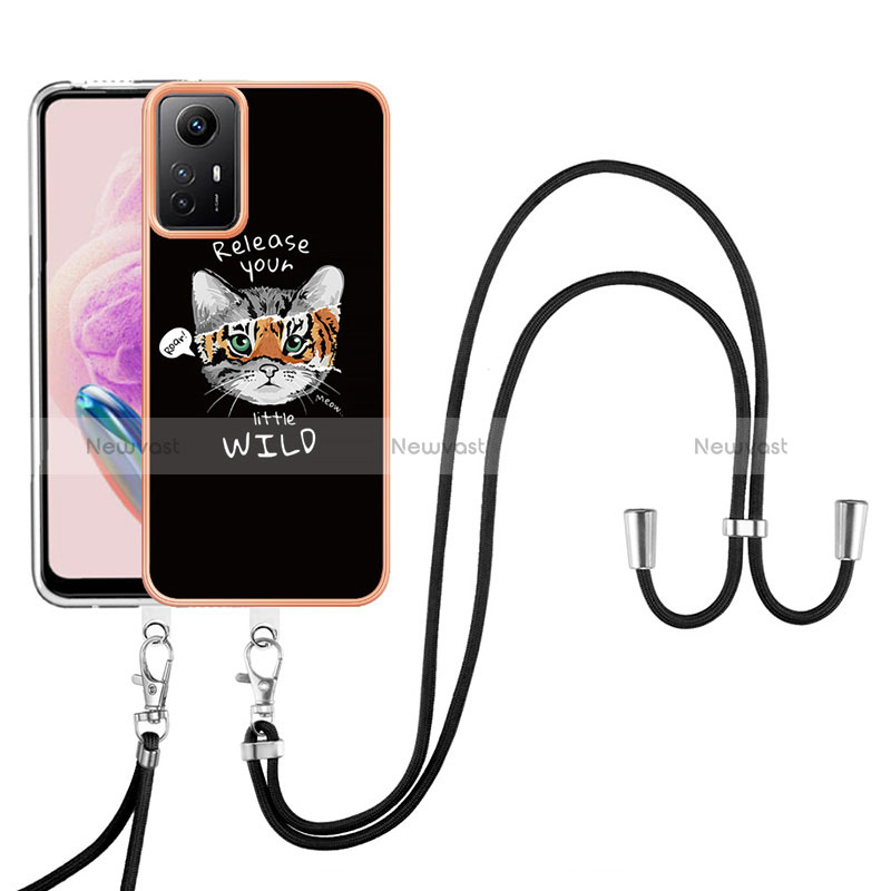 Silicone Candy Rubber Gel Fashionable Pattern Soft Case Cover with Lanyard Strap YB8 for Xiaomi Redmi Note 12S Black