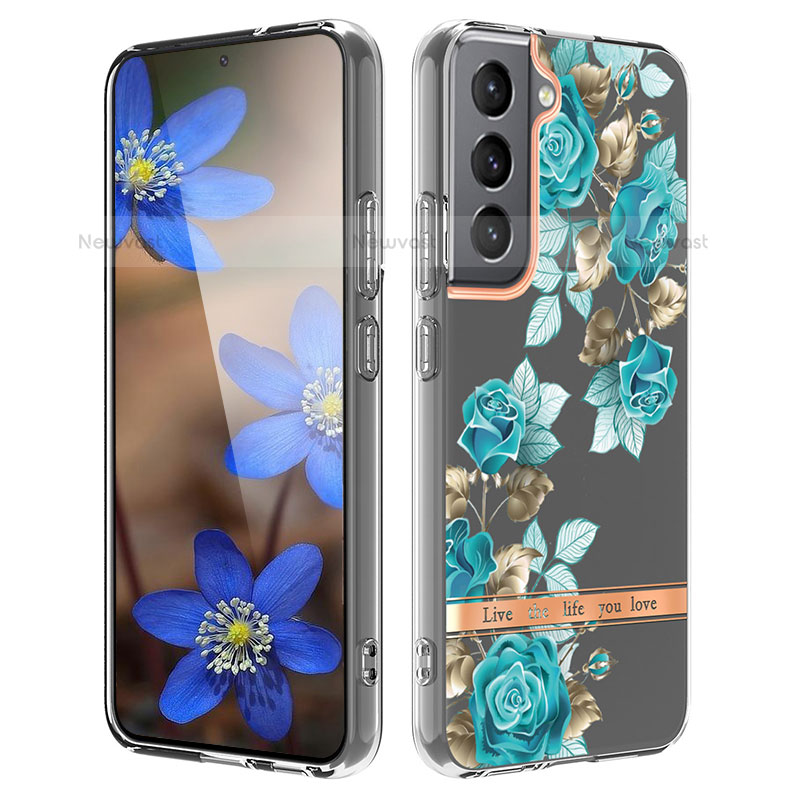 Silicone Candy Rubber Gel Flowers Soft Case Cover for Samsung Galaxy S22 5G Cyan