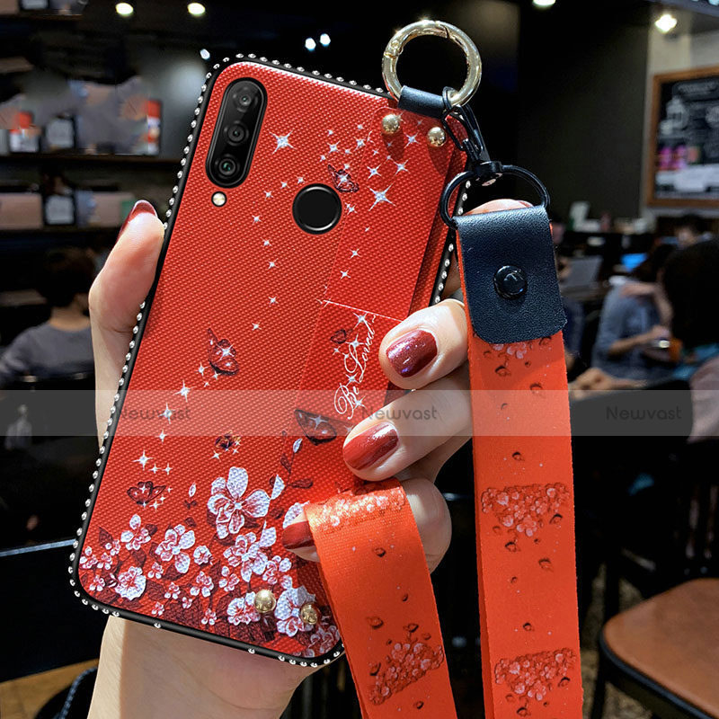 Silicone Candy Rubber Gel Flowers Soft Case Cover K02 for Huawei P Smart+ Plus (2019) Red