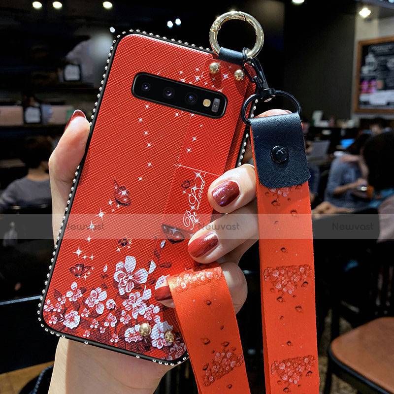 Silicone Candy Rubber Gel Flowers Soft Case Cover K02 for Samsung Galaxy S10 Plus Red