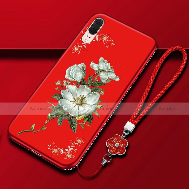 Silicone Candy Rubber Gel Flowers Soft Case Cover K03 for Huawei P20 Red