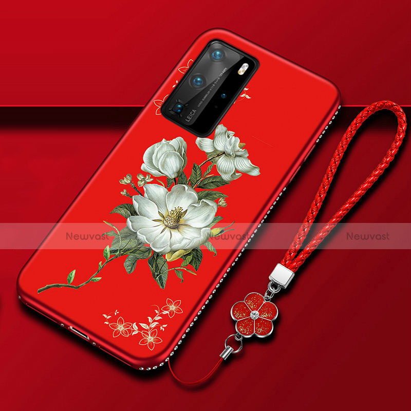 Silicone Candy Rubber Gel Flowers Soft Case Cover S01 for Huawei P40 Pro Red