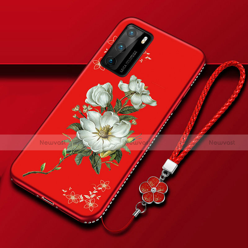 Silicone Candy Rubber Gel Flowers Soft Case Cover S01 for Huawei P40 Red