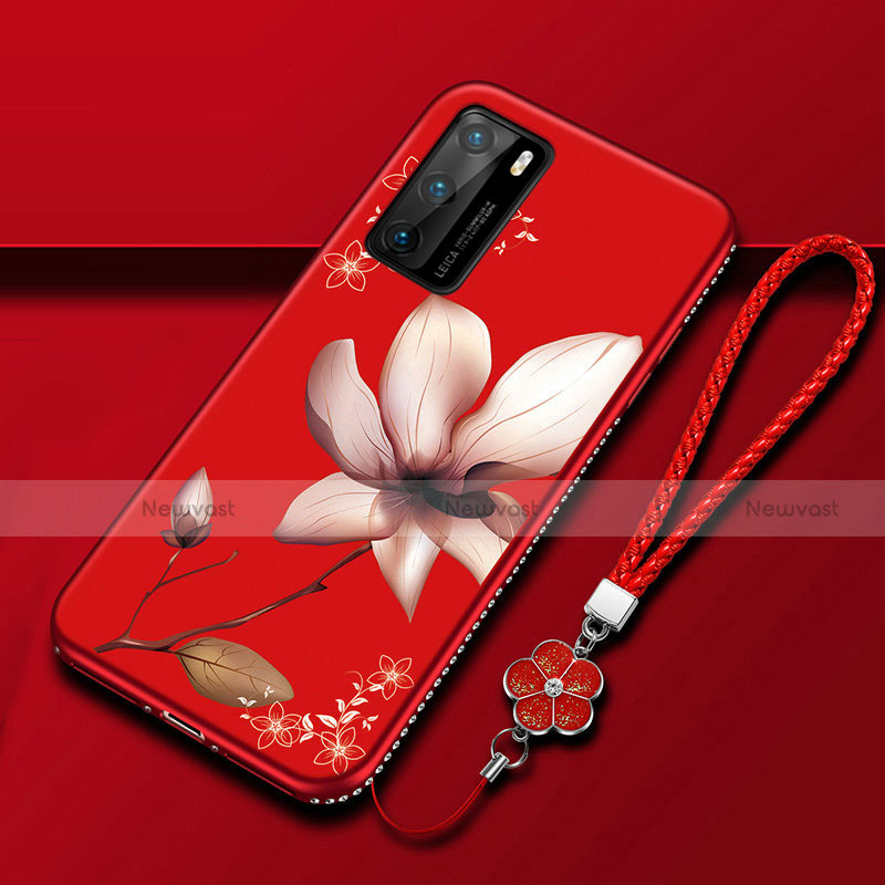 Silicone Candy Rubber Gel Flowers Soft Case Cover S01 for Huawei P40 Red Wine