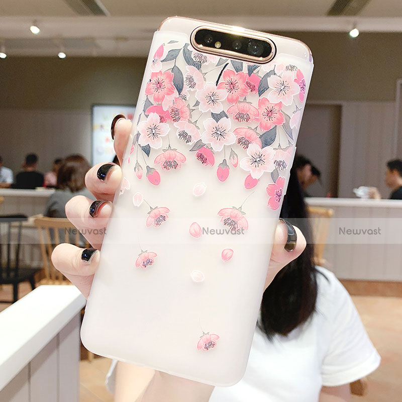 Silicone Candy Rubber Gel Flowers Soft Case Cover S01 for Samsung Galaxy A90 4G Pink