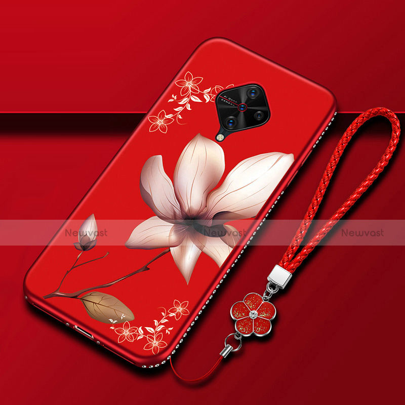 Silicone Candy Rubber Gel Flowers Soft Case Cover S01 for Vivo X50 Lite Red Wine