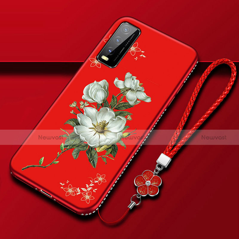 Silicone Candy Rubber Gel Flowers Soft Case Cover S01 for Vivo Y20 Red