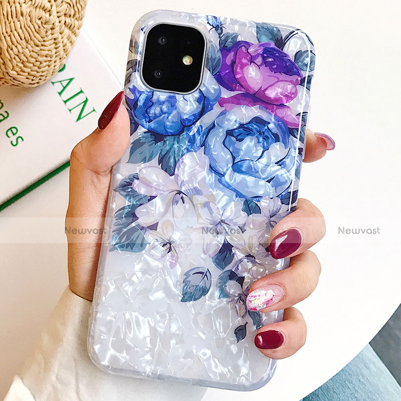 Silicone Candy Rubber Gel Flowers Soft Case Cover S02 for Apple iPhone 11 Blue