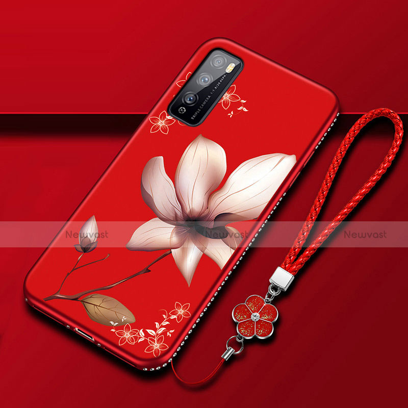 Silicone Candy Rubber Gel Flowers Soft Case Cover S02 for Huawei Enjoy 20 Pro 5G Red Wine