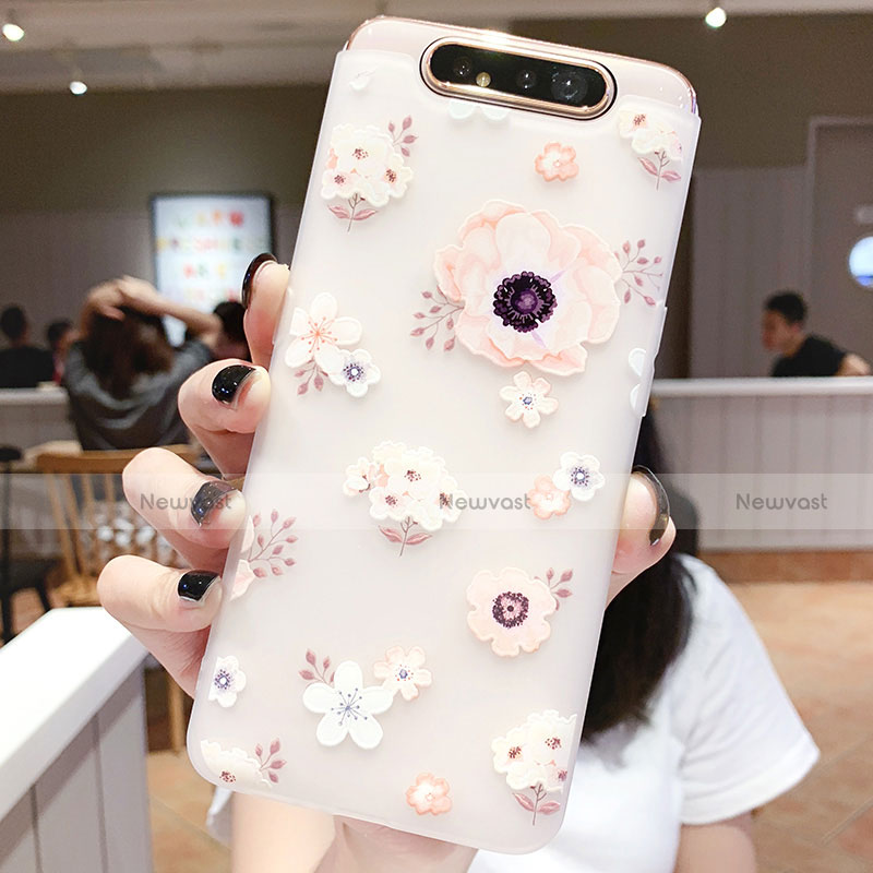 Silicone Candy Rubber Gel Flowers Soft Case Cover S04 for Samsung Galaxy A80 Pink