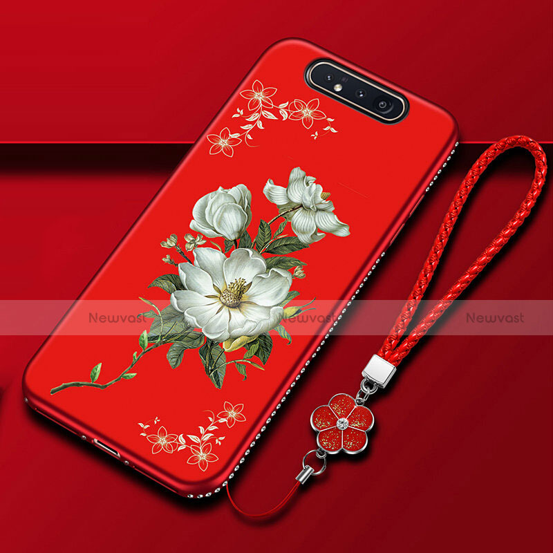 Silicone Candy Rubber Gel Flowers Soft Case Cover S06 for Samsung Galaxy A90 4G Red