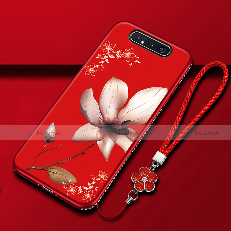 Silicone Candy Rubber Gel Flowers Soft Case Cover S06 for Samsung Galaxy A90 4G Red Wine