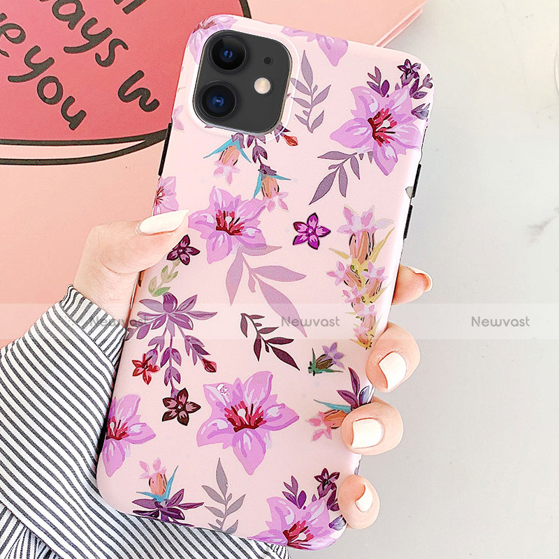 Silicone Candy Rubber Gel Flowers Soft Case Cover S07 for Apple iPhone 11 Purple