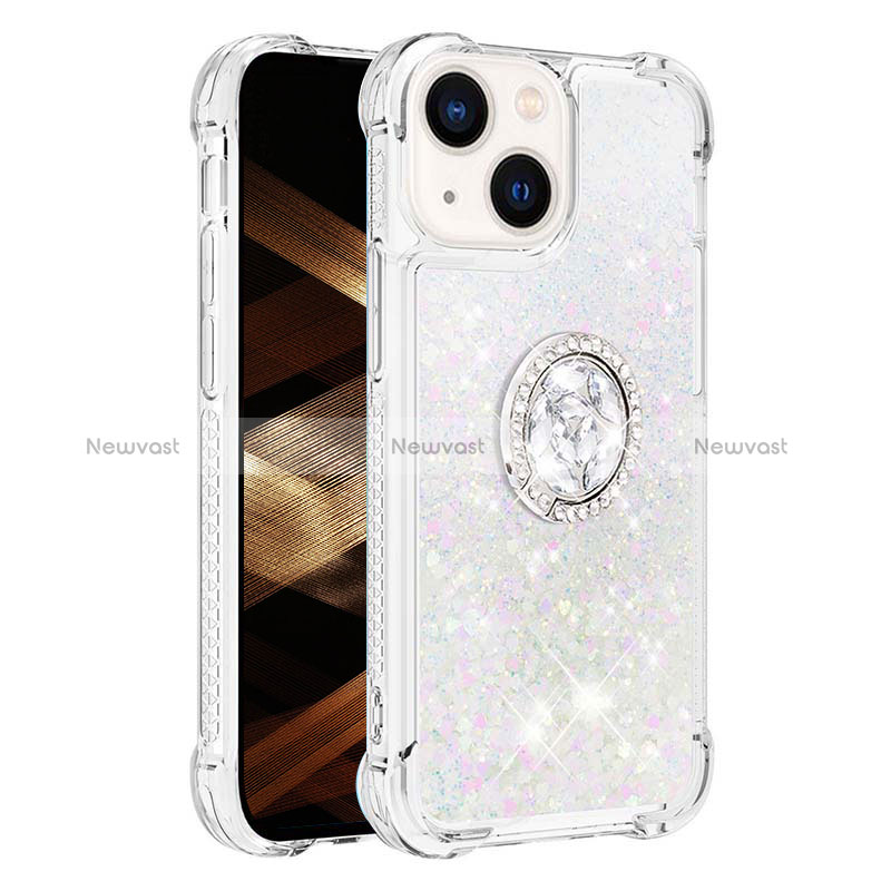 Silicone Candy Rubber TPU Bling-Bling Soft Case Cover with Finger Ring Stand S01 for Apple iPhone 14 Plus Silver