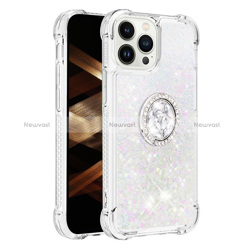 Silicone Candy Rubber TPU Bling-Bling Soft Case Cover with Finger Ring Stand S01 for Apple iPhone 14 Pro Max Silver